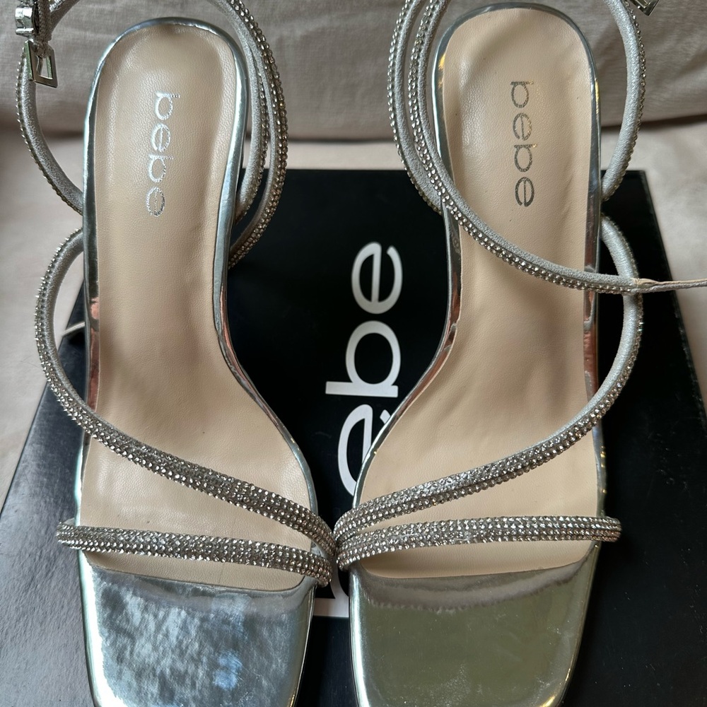 Bebe Silver Heels with Rhinestone Straps